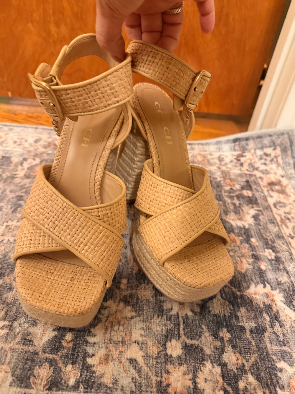 Coach Tan Woven Espadrille Platform Wedge Sandals